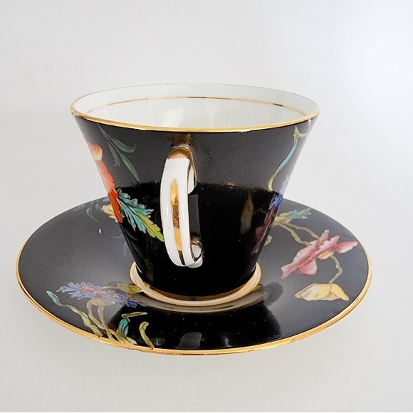 Rare Aynsley Tea Cup & Saucer , Poppies, England, Black With Orange & Yellow Pop - Picture 4 of 5
